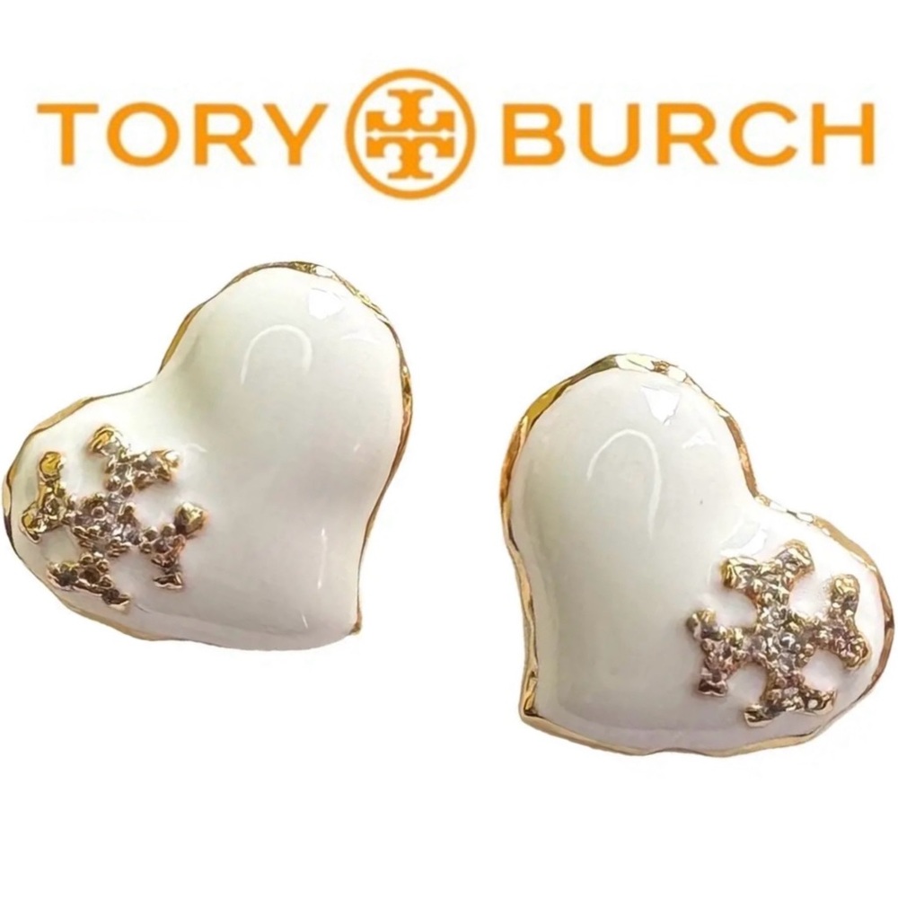New Tory Burch Heart design Stud Earrings; White and Gold with TB Earring Card